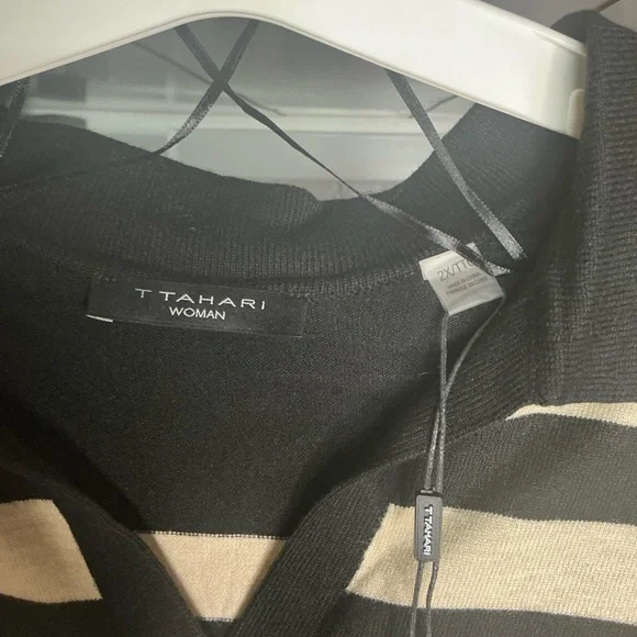 T Tahari Black and Tan Striped V-Neck Sweater - Picture 4 of 8